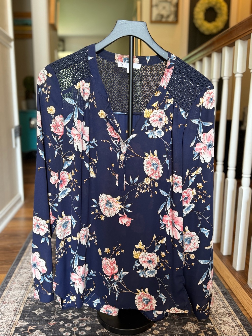 DR2 Navy Floral V-Neck Top with Crochet Yoke